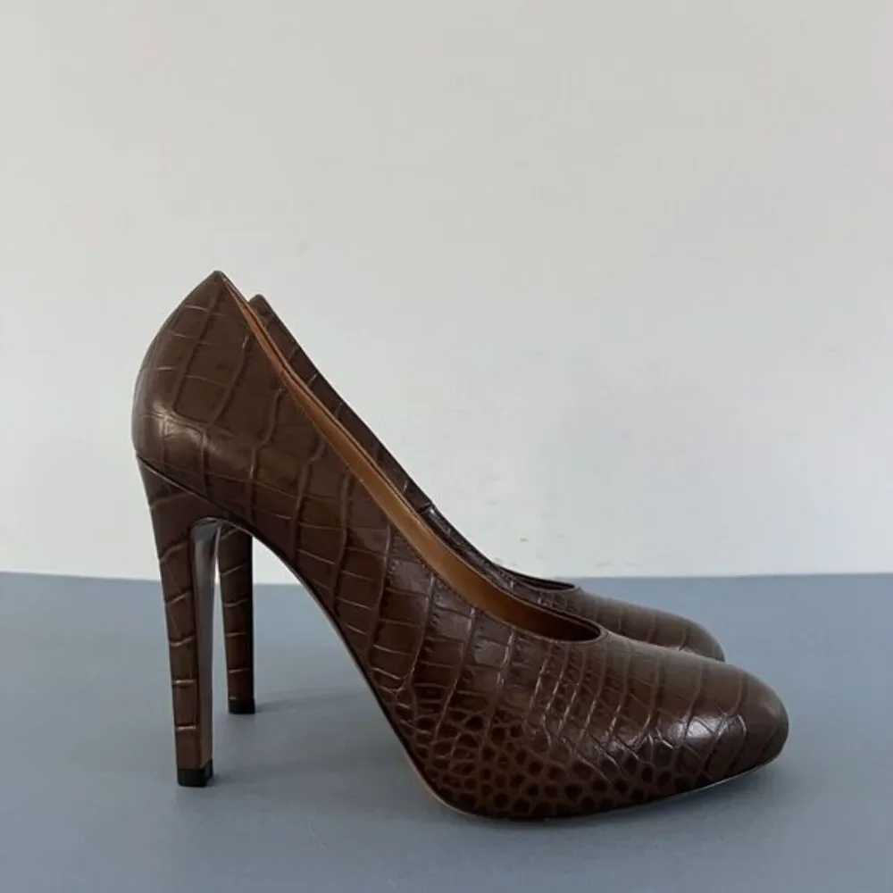 Ralph Lauren Purple Label‎ Darlene Embossed Calfskin Brown Leather Pumps